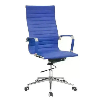 Modern blue Eames High-Back Office Chair with chrome armrests and torsion tilt mechanism