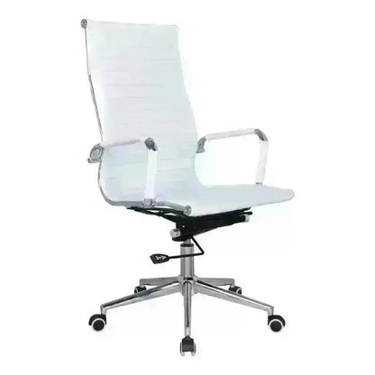 White leather Eames High-Back Office Chair with chrome base and torsion tilt mechanism