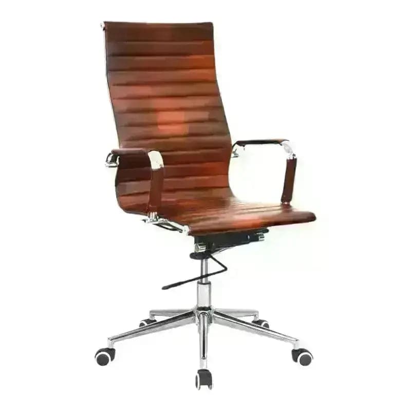 Modern brown leather Eames High-Back Office Chair with Torsion Tilt Mechanism and chrome base