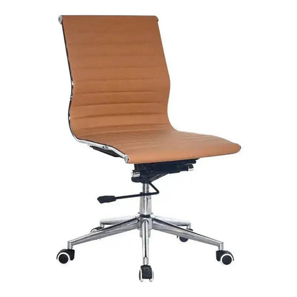 Modern tan leather Eames Medium-Back No-Arms Office Chair with chrome base and wheels