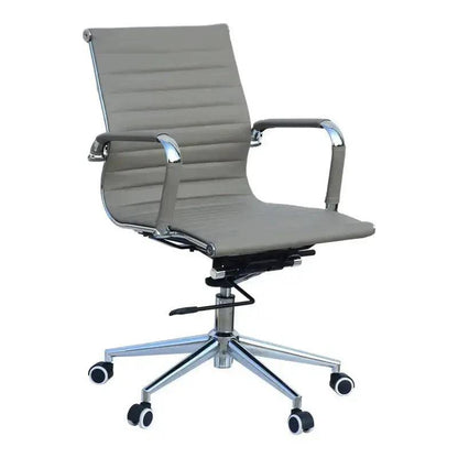 Modern gray Eames Medium-Back No-Arms Office Chair with ribbed upholstery and chrome arms