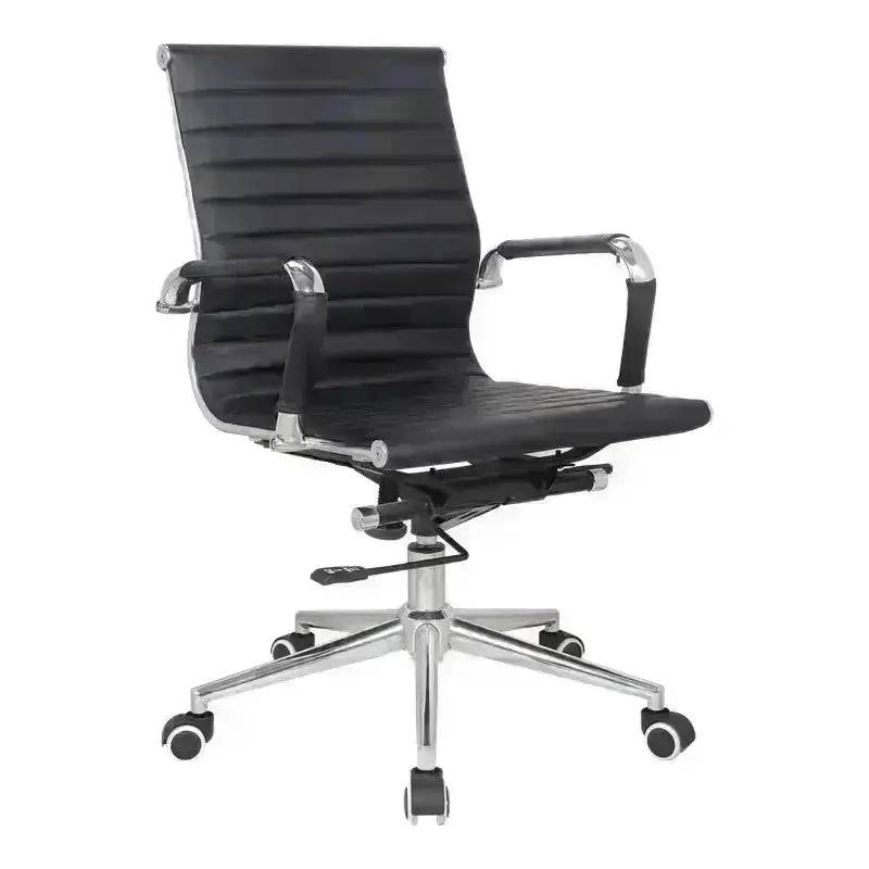 Black leather Eames Medium-Back Office Chair with chrome base and ribbed upholstery