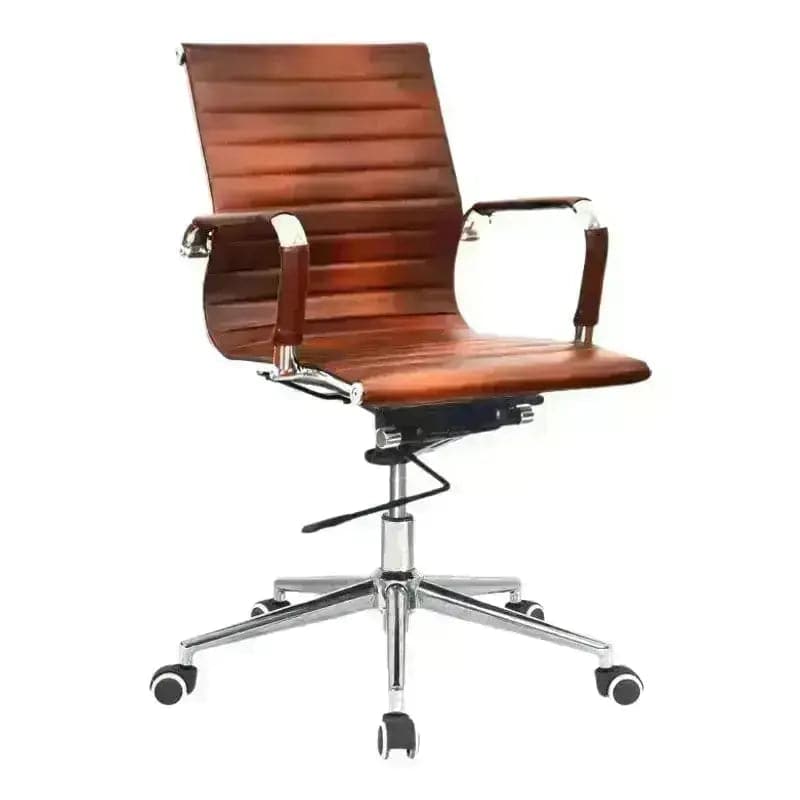 Modern brown leather Eames Medium-Back Office Chair with chrome base and ribbed upholstery