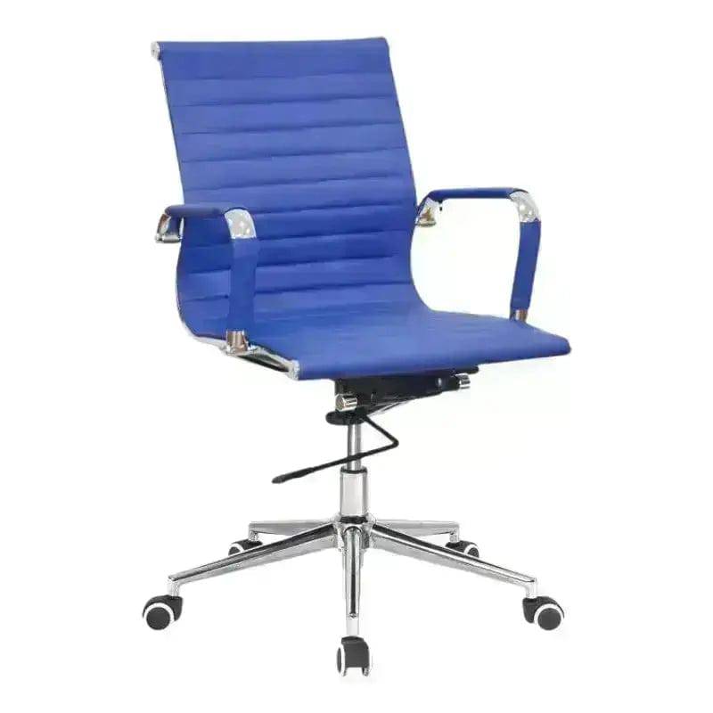 Modern blue Eames Medium-Back Office Chair with ribbed upholstery and chrome base