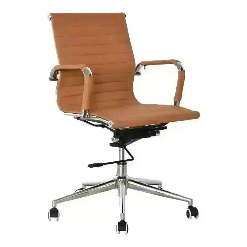 Modern brown leather Eames Medium-Back Office Chair with chrome base and armrests