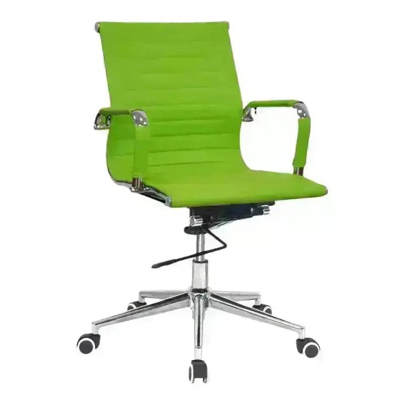 Bright lime green Eames Medium-Back Office Chair with chrome base and armrests on wheels