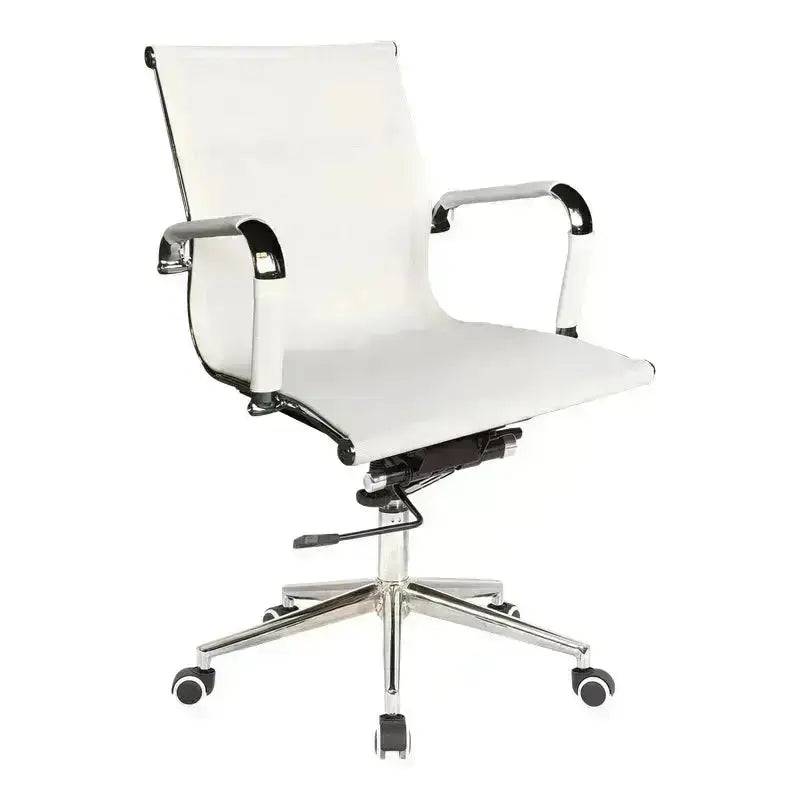 Modern white leather office chair with chrome arms and five-wheel base for Eames Netting