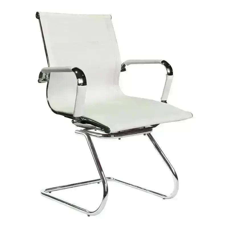 Modern white leather office chair with chrome base in Black Mesh Eames Netting Visitor model