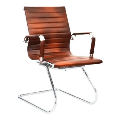 Modern Eames Visitor Office Chair with chrome base and ribbed brown leather upholstery