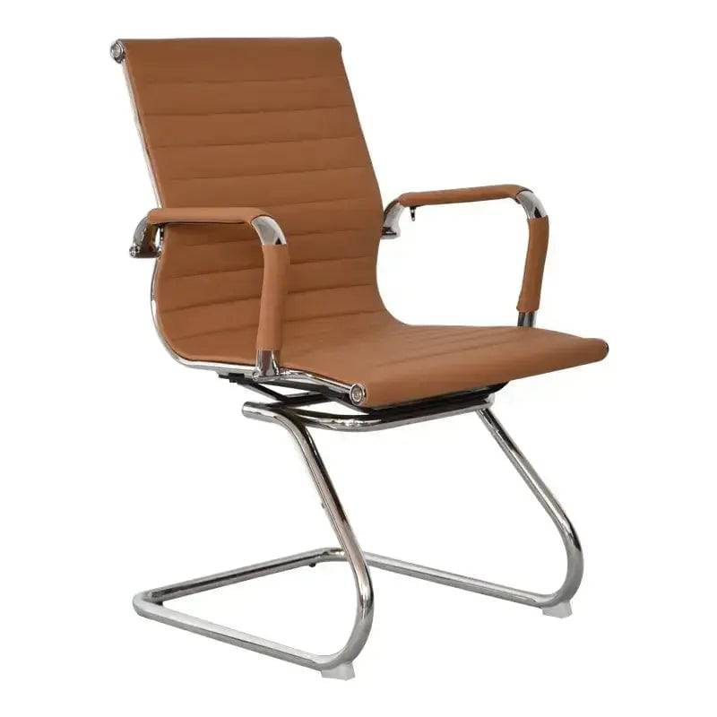 Modern Eames Visitor Office Chair with chrome base and removable arm sleeves in brown leather