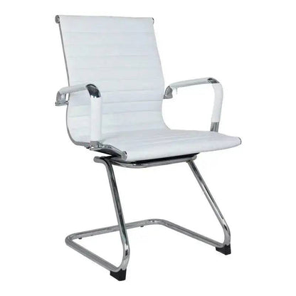 White leather Eames Visitor Office Chair with chrome base and removable arm sleeves