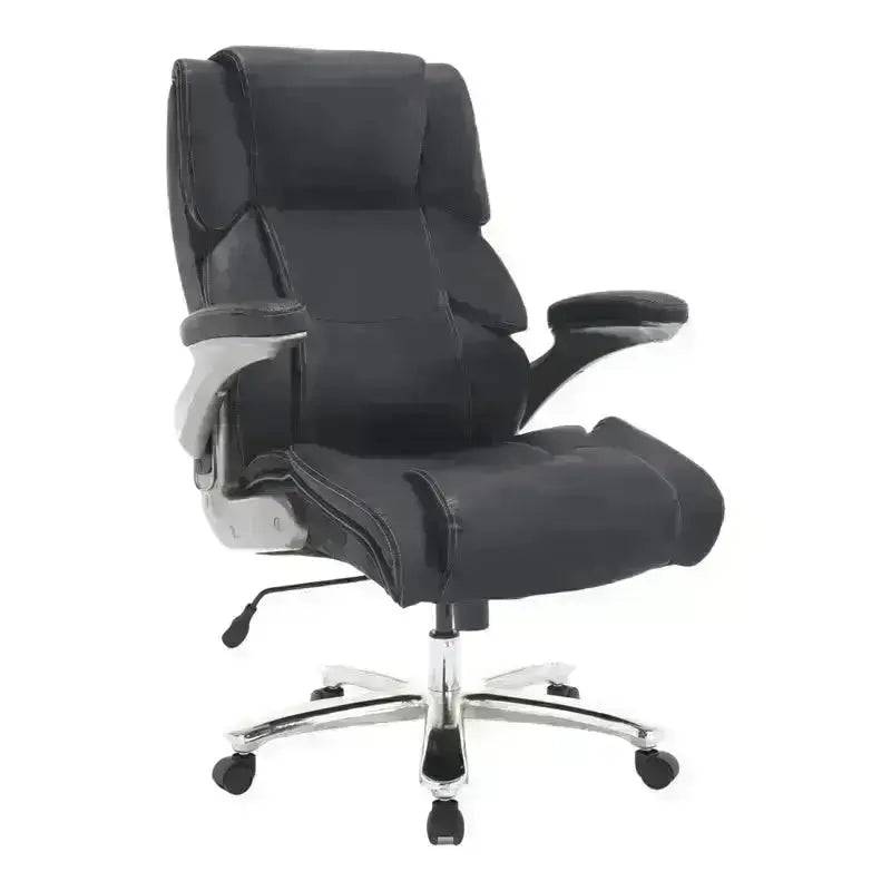 Black Leather High-Back Executive Office Chair with Chrome Base and Flip-Up Armrests