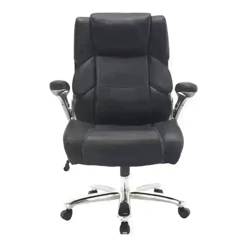 Black Leather High-Back Office Chair with Chrome Base and Padded Armrests for Comfort