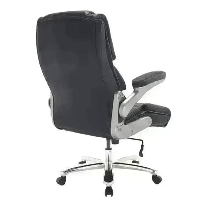 Black Leather High-Back Executive Office Chair with Chrome Base and Flip-Up Armrests