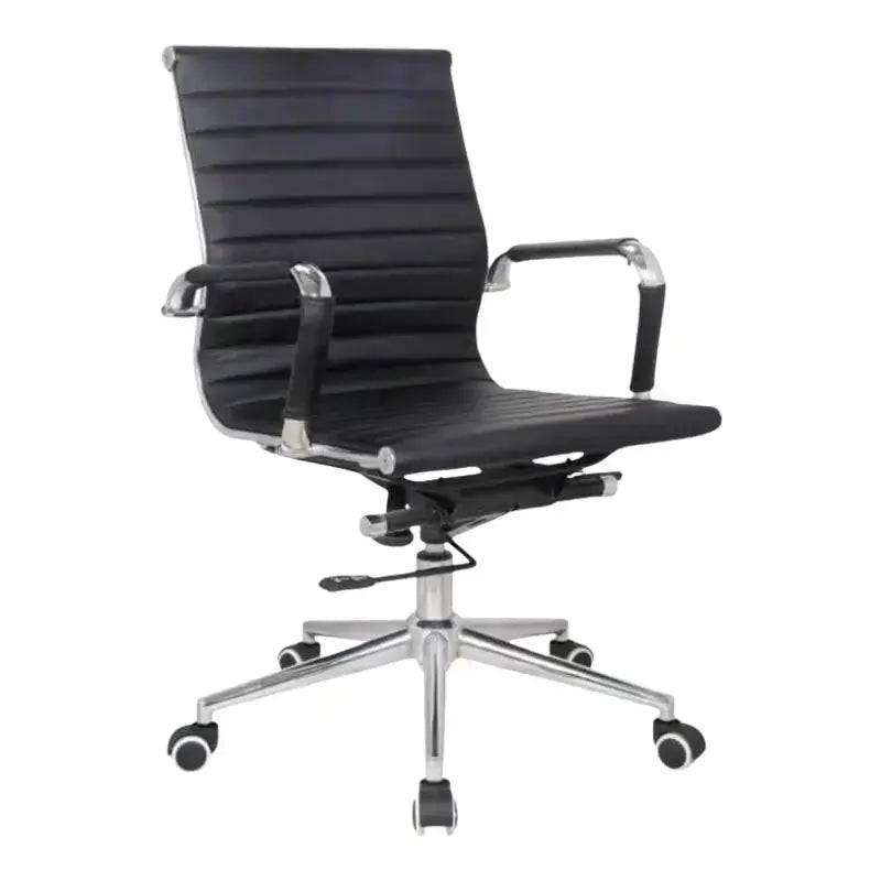 Modern black bonded leather Eames Executive Office Chair with chrome base and ribbed upholstery