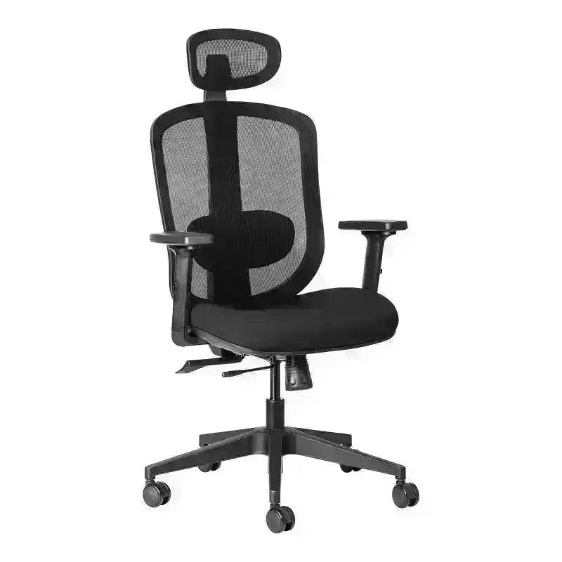 Black mesh executive high-back office chair with adjustable headrest and armrests