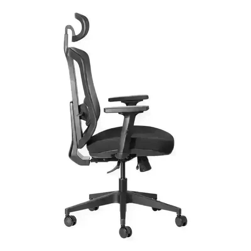 Black mesh executive high-back office chair with adjustable armrests and headrest