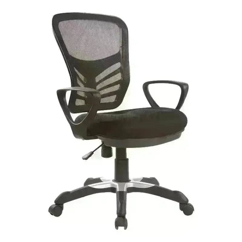 Black mesh ErgoNet Eco Operators Chair with armrests and wheels for comfortable seating