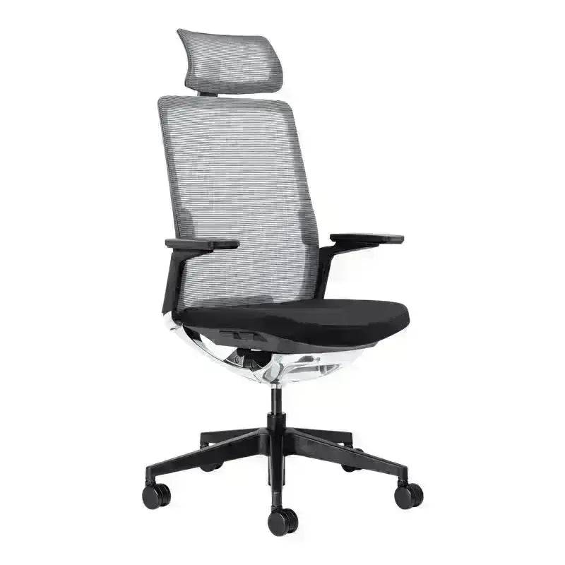 Evolv Mesh Executive High-Back Office Chair with headrest, black cushion, and armrests