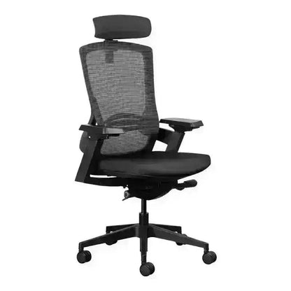 Black mesh executive high-back office chair with adjustable headrest and armrests