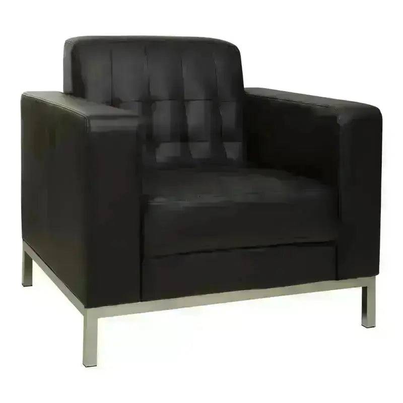 Black leather Florence Lounge Chair featuring ergonomic tufted back and sleek metal legs