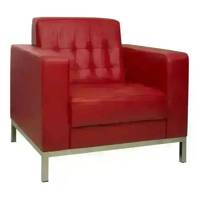 Red leather Florence Lounge Chair featuring ergonomic tufted back and metal base