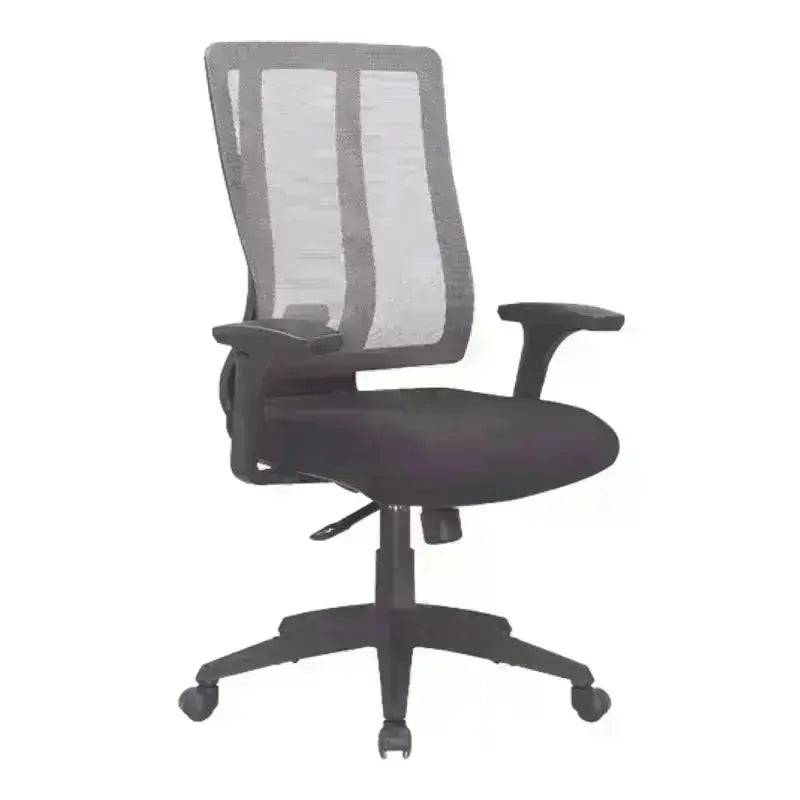 Black mesh high-back office chair with adjustable armrests and wheels for ergonomic support