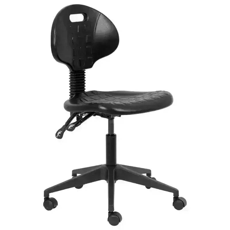 Black heavy-duty polyurethane typist office chair with wheels and molded seat