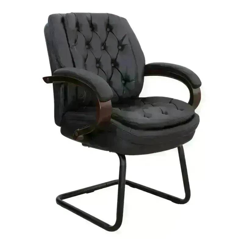 Black Leather Heavy Duty President Visitor Office Chair with curved metal base