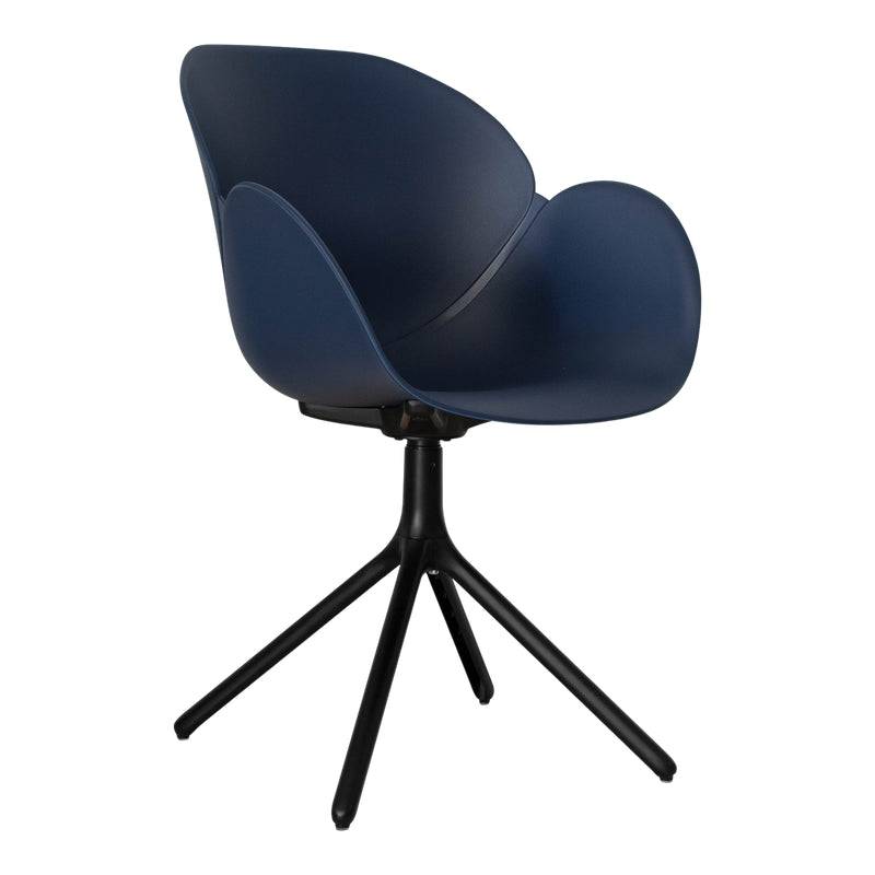 Modern navy blue swivel chair with curved shell and holy spider base café design