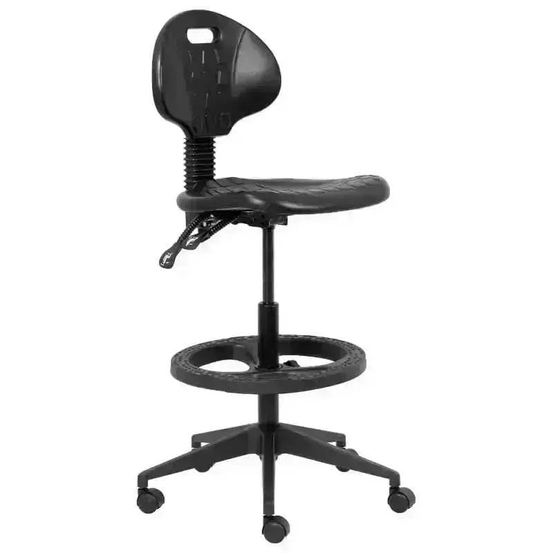 Black Industrial Polyurethane Draughtsman Office Chair with Wheels and Foot Ring