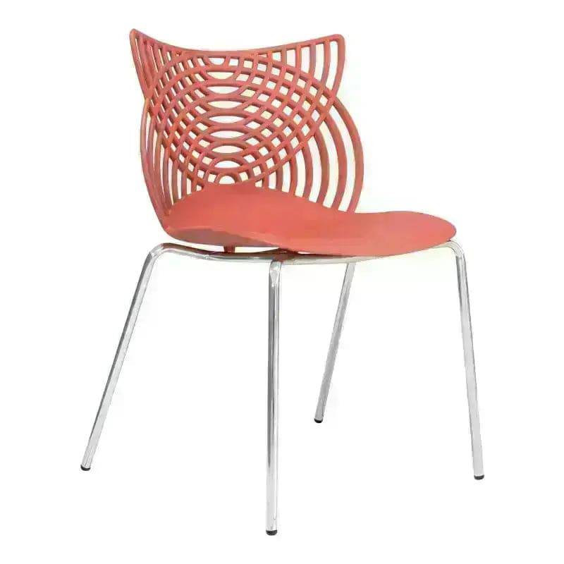 Modern Ivy Café Chair with chrome steel legs and geometric patterned back in coral color