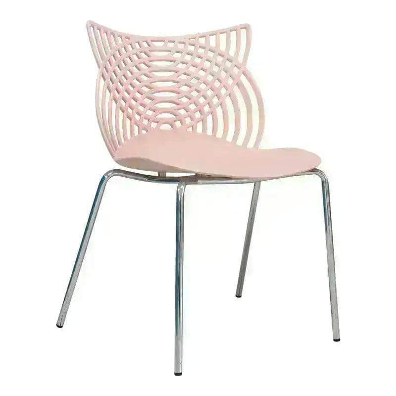 Ivy Café Chair features a pink durable polypropylene design with chrome steel legs