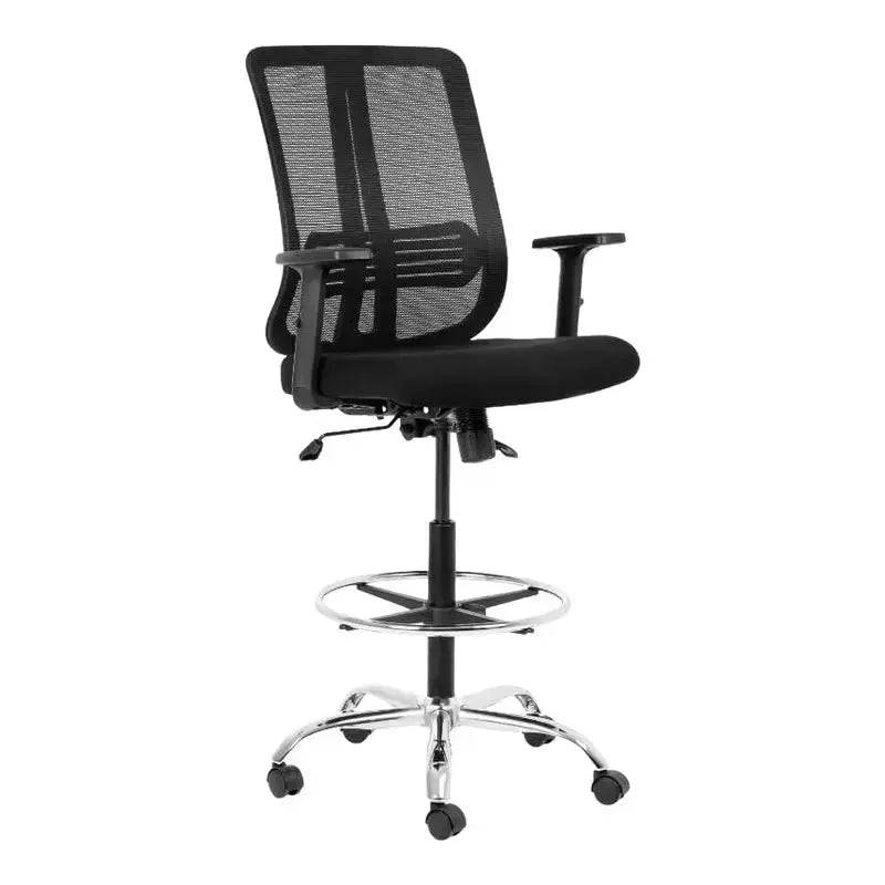 Black mesh-back Lenny Chrome Draughtsman office chair with adjustable armrests and chrome base