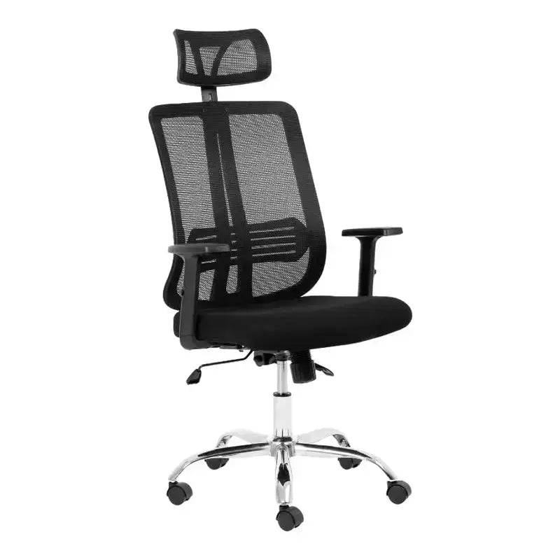 Black mesh Lenny Chrome High-Back Office Chair with headrest and synchro recline mechanism