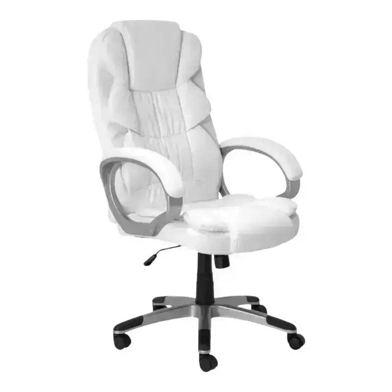 White leather executive office chair with padded armrests and rolling wheels for ergonomic design