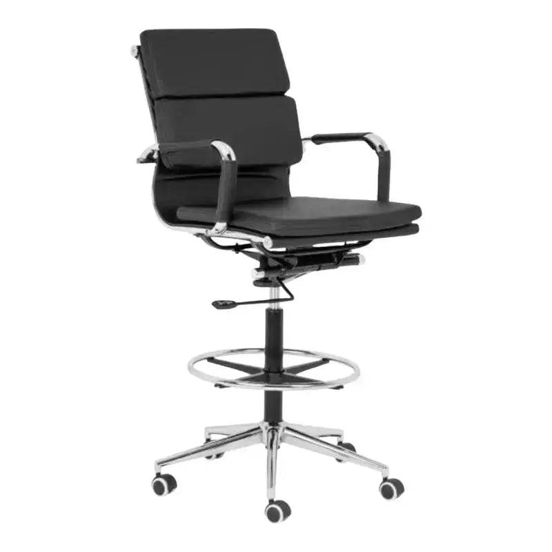 Black Leather Padded Eames Draughtsman Office Chair with Chrome Base and Armrests