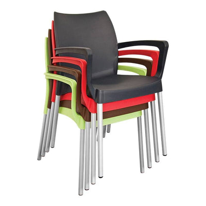 Stackable Plastic Star Arm Café Chairs with Metal Legs in Black, Red, and Green