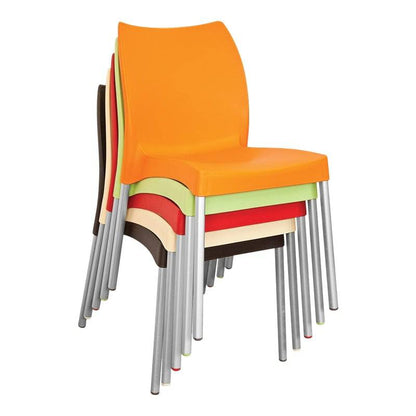 Stackable café chairs in orange, green, red, and beige with metal legs available online