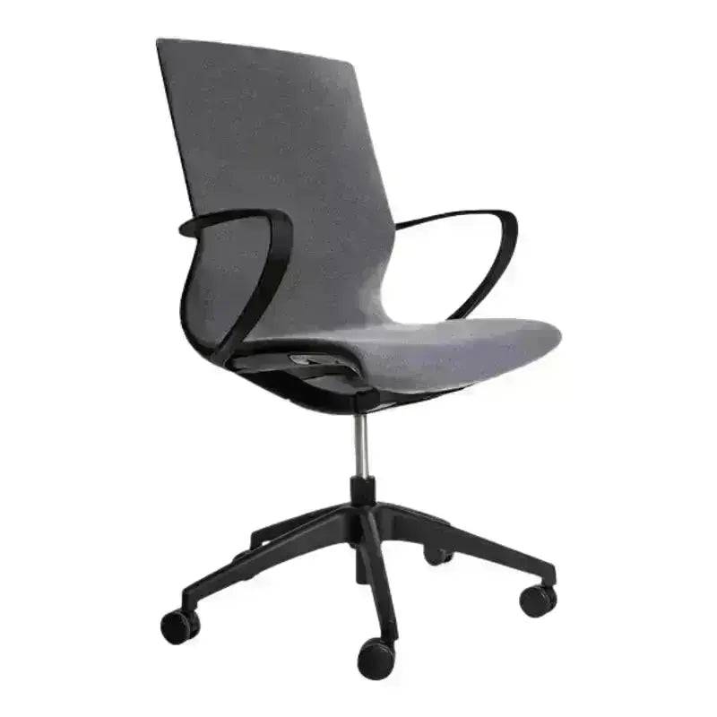 Modern Dark Grey Fabric Operators Office Chair with Wheels and Armrests on Black Base