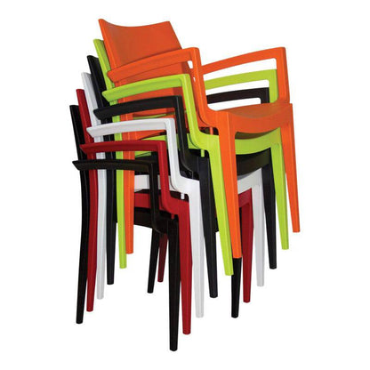 Stacked colorful plastic chairs beside Wanda Café Heavy Duty Black Dining Chair with Armrests