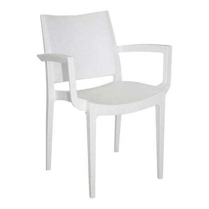 White plastic armchair in Wanda Café Heavy Duty Chair design for dining spaces