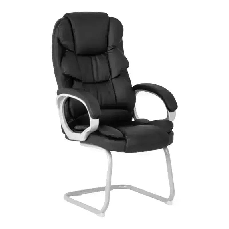 Black Leather Visitor Office Chair with Silver Base and Padded Armrests