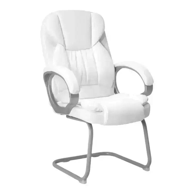 White bonded leather office chair with curved metal base and armrests for visitor office use