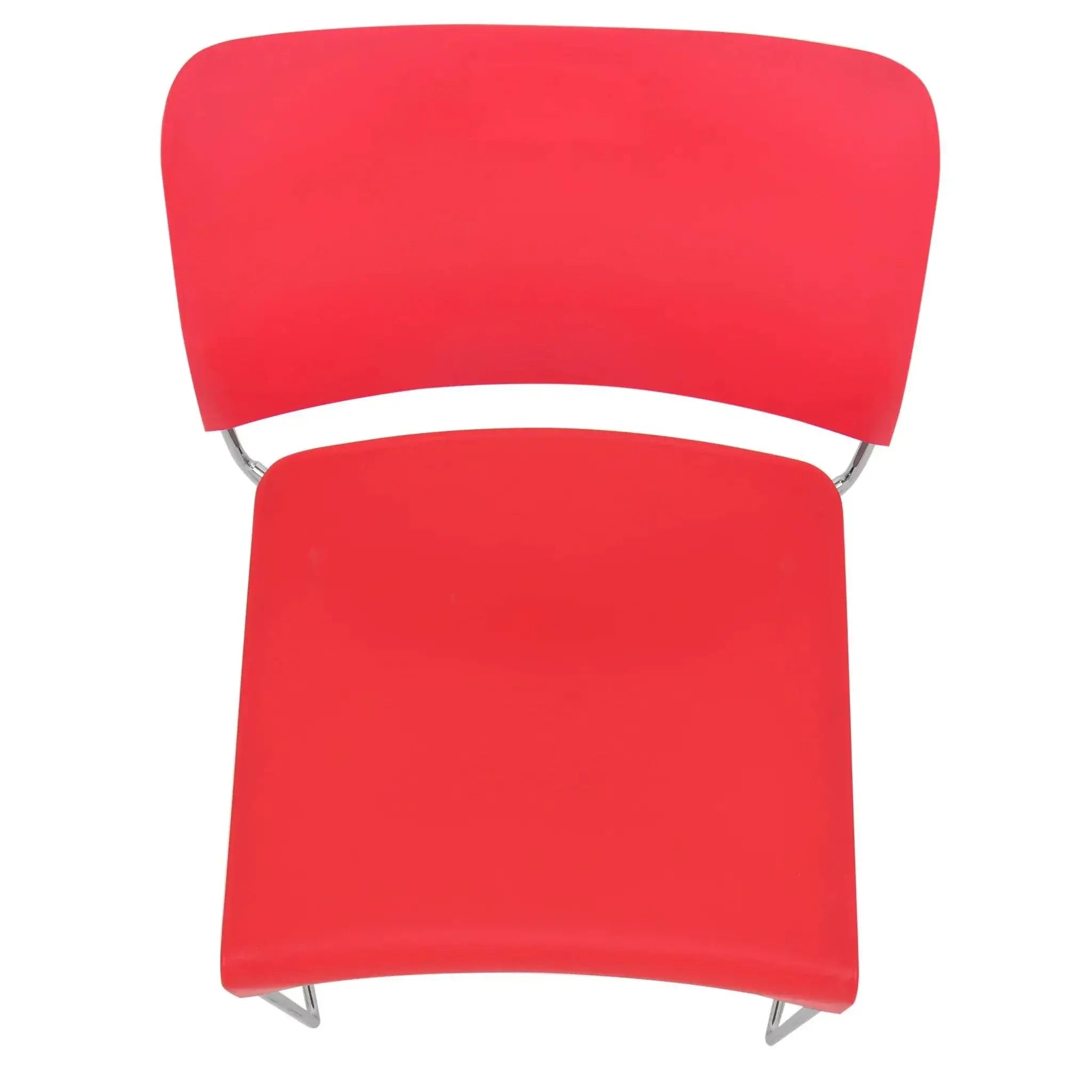 Red upholstered Marquise Restaurant Chair with chrome legs, stackable design for easy storage