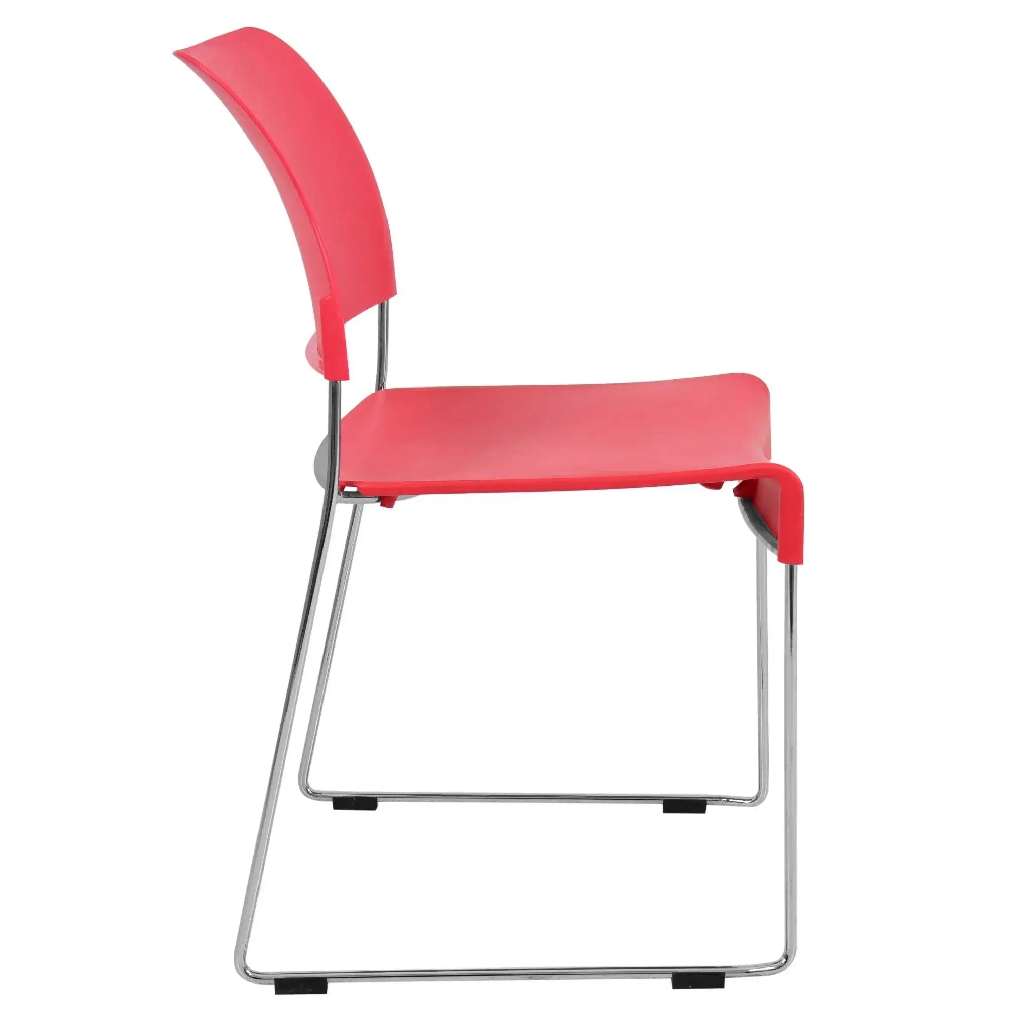 Red plastic Marquise Restaurant Chair with chrome sled legs, stackable for convenience