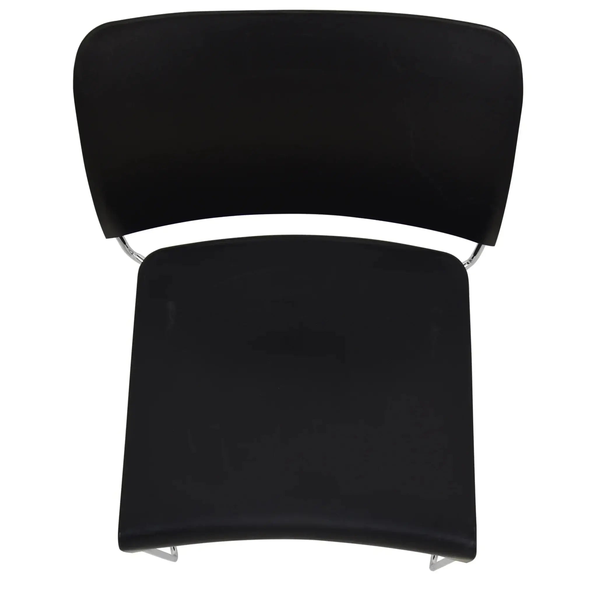 Black padded seat and backrest with chrome accents on a Marquise Restaurant Chair