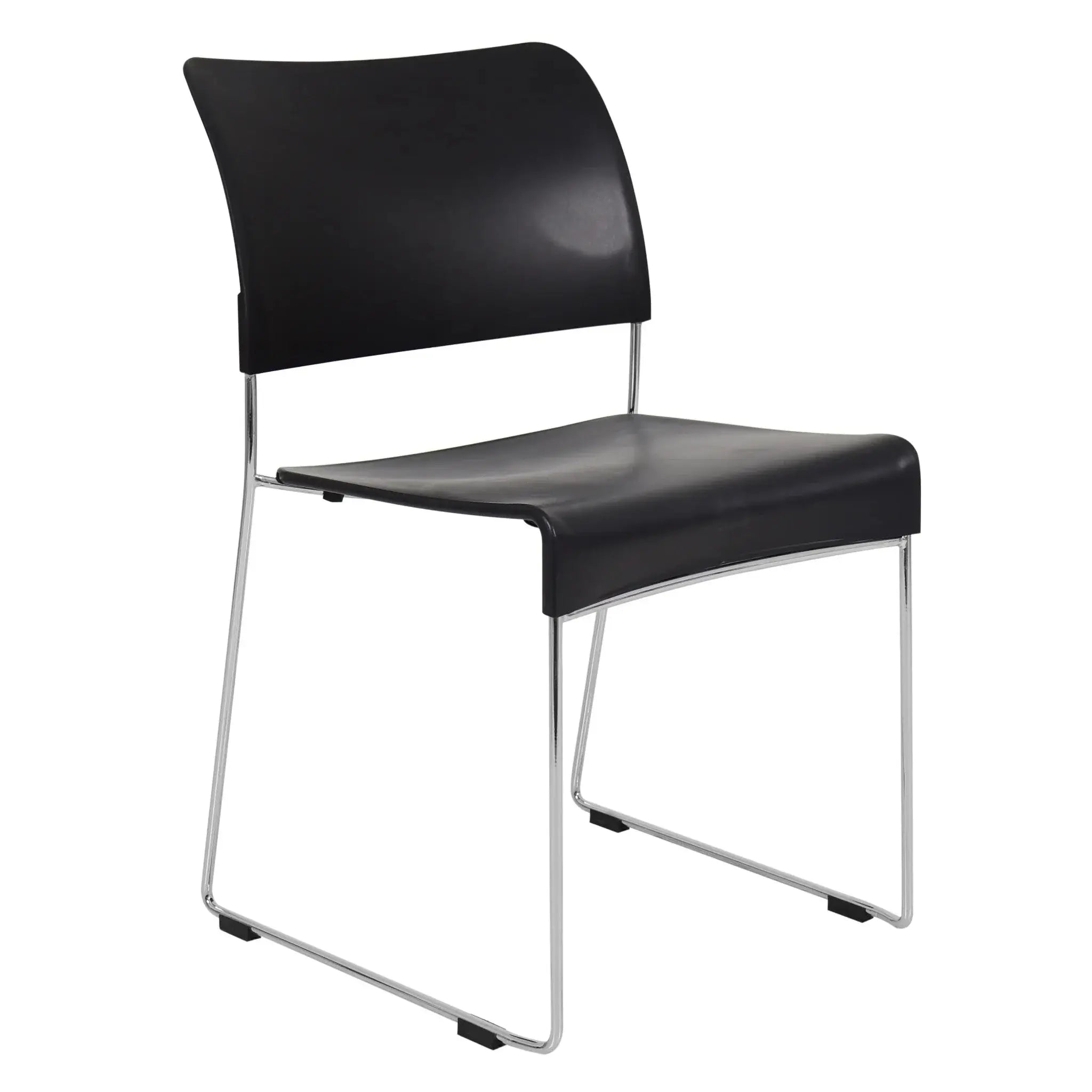 Black plastic Marquise Restaurant Chair with chrome sled-style legs, stackable design