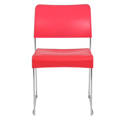 Red plastic marquise restaurant chair with chrome legs, stackable design for convenience